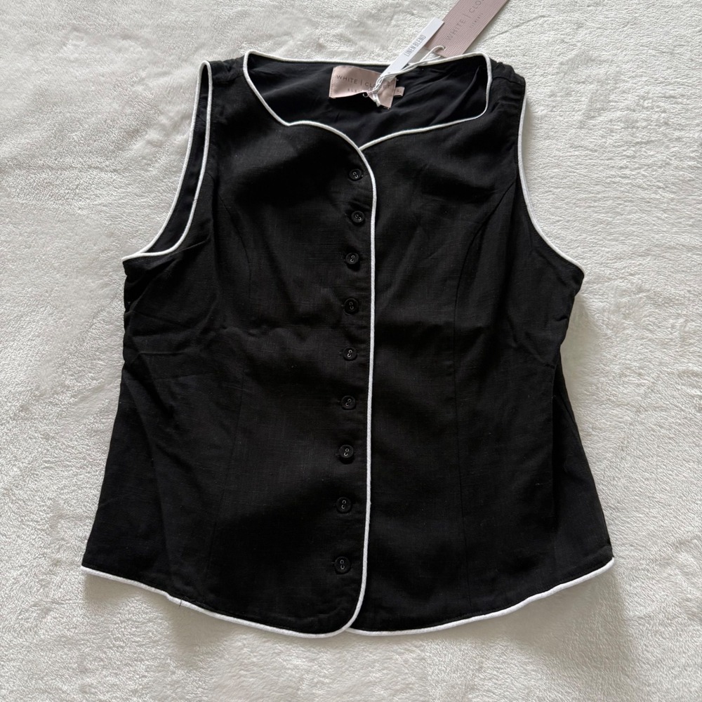 White‎ Closet Elements Black Linen Blend Button Vest Top Small NWT